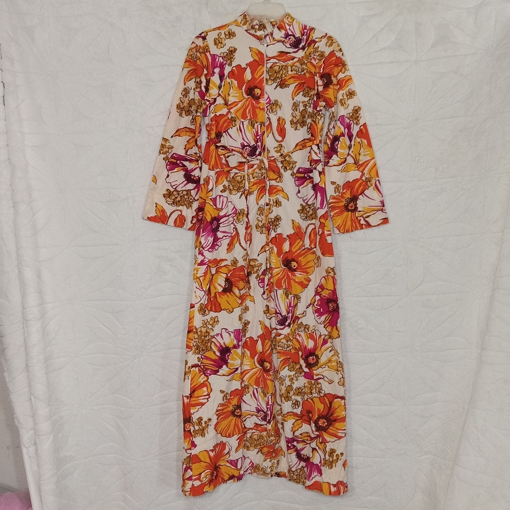 vintage psycadelic floral dress long sleeve belt 60s 70s hippy boho artsy